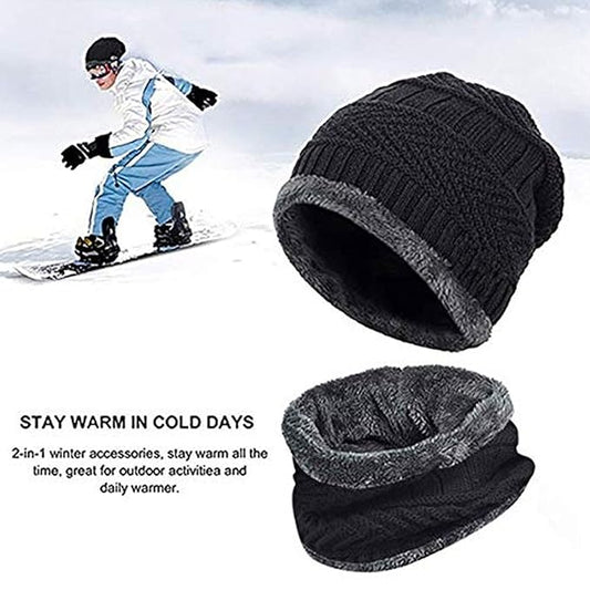 Snow Proof Winter Cap Inside Fur Wool Unisex Beanie Cap with Neck Warmer Set Knit Hat Thick Fleece Lined Winter Hat for Men & Women