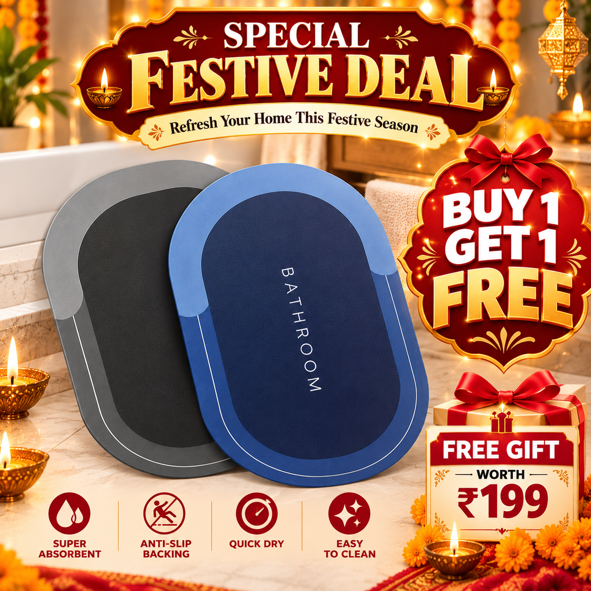 BUY 1 GET 1 FREE YourHomeDecor™ Super Absorbent Quick Dry Non Slip Bath & Floor Mat